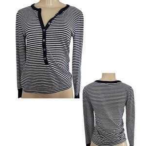 J. Crew Blue/White Striped Metal Button Henley Top Long Sleeve